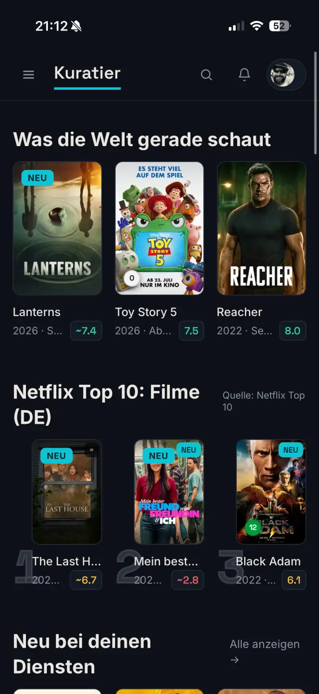 Kuratier auf dem Telefon: Startseite mit Empfehlungen und Netflix Top 10